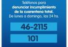 Teléfonos para denunciar incumplimiento de la Cuarentena