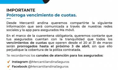 Prórroga vencimientos de cuotas de Mercantil Andina
