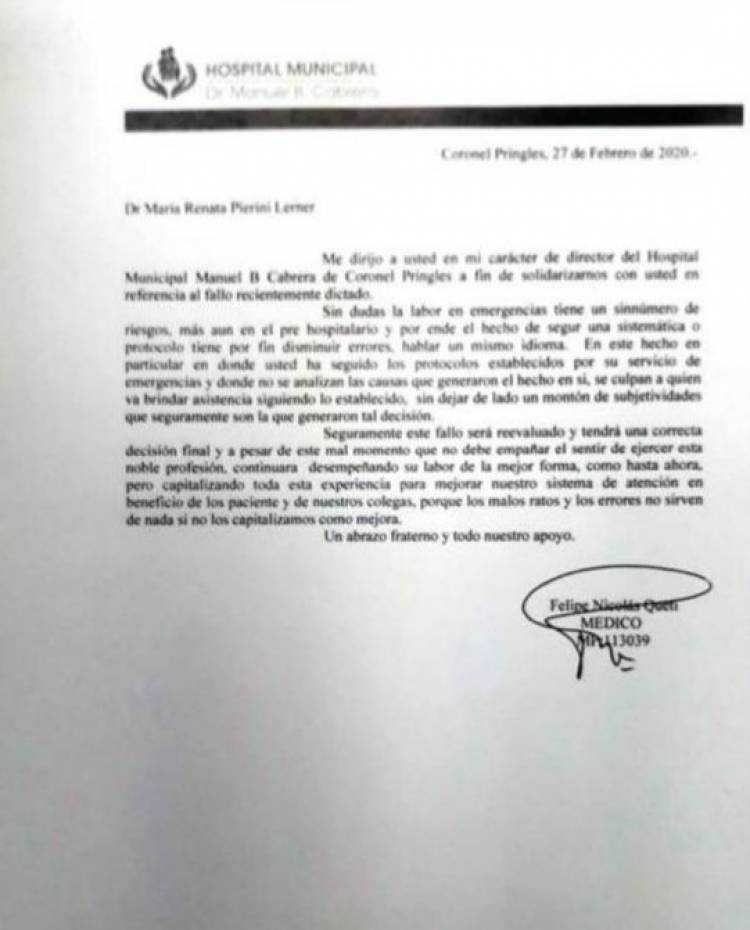 Queti se solidarizó con una médica condenada