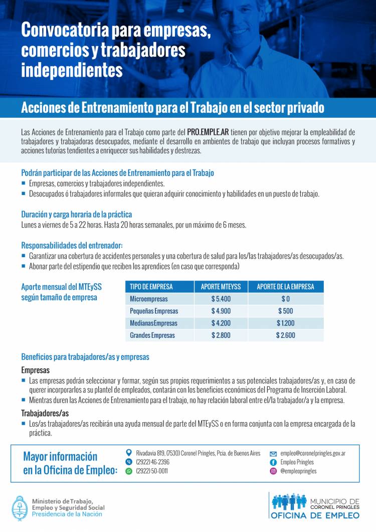Atención empresas: nueva convocatoria a entrenamientos laborales